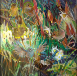 Six adorable little Tassie birds. Acrylic on paper. 45 cm x 45 cm. 2024 Six adorable little Tassie birds. Acrylic on paper. 45 cm x 45 cm. 2024