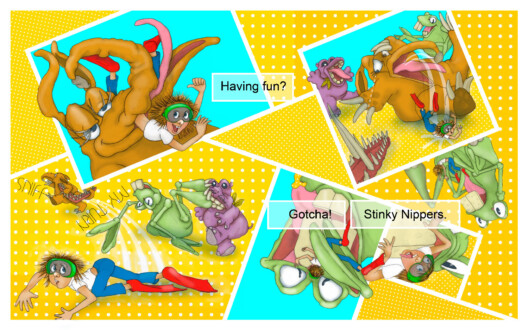 Nippers, Chompers, Grinders. Internal page spread. Digitally rendered. 21.6 cm x 21.6 cm. 2017 Nippers, Chompers, Grinders. Internal page spread. Digitally rendered. 21.6 cm x 21.6 cm. 2017