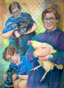 Title: Lochie with his pets.
Media: Acrylic paint & Pastel on archival paper.
Size: 56 cm width x 75.5 cm height.
Year: 2025 Title: Lochie with his pets. Media: Acrylic paint & Pastel on archival paper. Size: 56 cm width x 75.5 cm height. Year: 2025