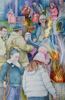 Family Fun at Deloraine’s Winter Fire Fest. Pastel drawing with acrylic underpainting on paper. 117 cm x 82.5 cm. 2018 Family Fun at Deloraine’s Winter Fire Fest. Pastel drawing with acrylic underpainting on paper. 117 cm x 82.5 cm. 2018