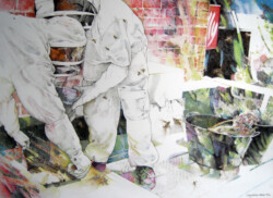 Melbourne rooftop bee-keepers 1. Pastel drawing on paper. 61 cm x 46 cm. 2017 Melbourne rooftop bee-keepers 1. Pastel drawing on paper. 61 cm x 46 cm. 2017