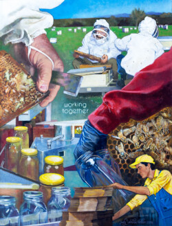 Taking Care of Buzz-ness (Working Together). Acrylic paint on canvas. 65.5 cm x 87 cm. 2014 Taking Care of Buzz-ness (Working Together). Acrylic paint on canvas. 65.5 cm x 87 cm. 2014