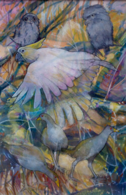 Two Tawny Frogmouths, One Sulphur-crested Cockatoo, Three Turbo Chooks (native hens). Acrylic paint & pastel on paper. 31 cm x 48.5 cm. 2023 Two Tawny Frogmouths, One Sulphur-crested Cockatoo, Three Turbo Chooks (native hens). Acrylic paint & pastel on paper. 31 cm x 48.5 cm. 2023